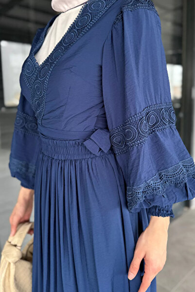julude Navy Blue Scalloped Waist Tie Shirt Skirt Hijab Double Set (S-M-L Is Suitable)