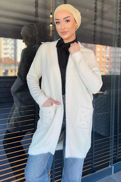 julude Cardigan de tricotaj pentru femei, crem, cu detalii de pluș, cu perle