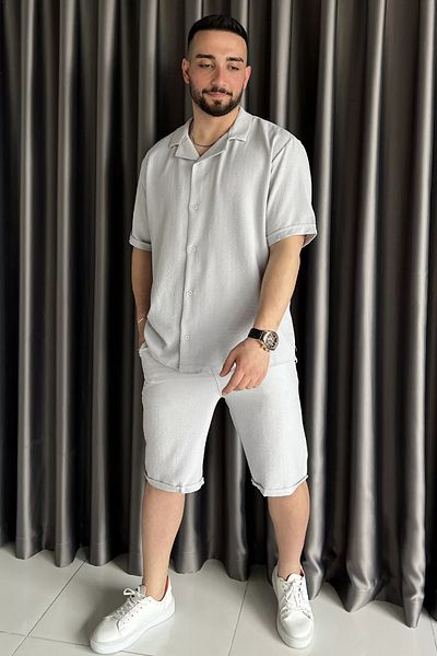 MİSHAR İTALİA Gray Men's Double Sleeve Shirt Shorts Double Set
