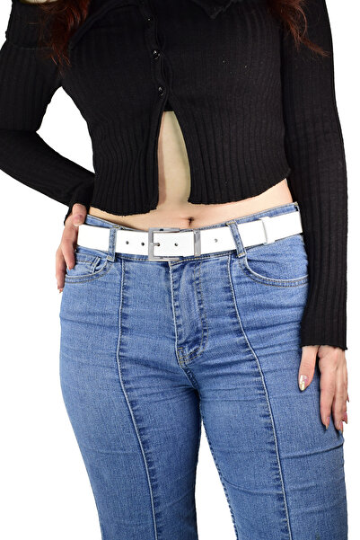 GoDeri %100 Hakiki Deri, Gümüş Takım Tokalı 3 cm Süt Beyaz Kadın Kemeri; Elbise, Pantolon Kemeri=3cm-kdn-48