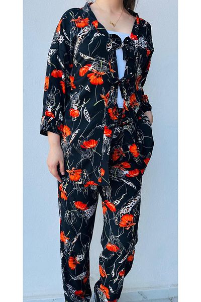 LAVİN GİYİM Women's Half Sleeve Black-Orange-Cream Rose Patterned Colorful Kimono Suit