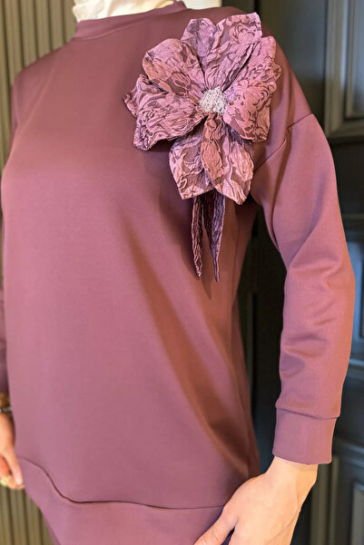 Zehra Gül Mürdüm Yaka Çiçek Detaylı Tunik Pantolon Tesettür İkili Takım