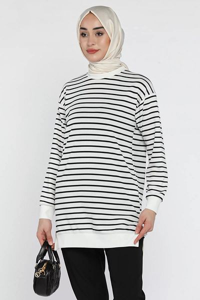 julude White Striped Hijab Tunic