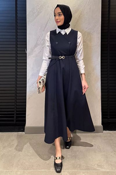 julude Μπλε με ζώνη Hijab Gilet φόρεμα