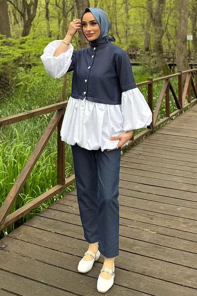julude Μπλε ναυτικό μπαλόνι με γαρνιτούρα Stonewashed Jean Tunic Παντελόνι Hijab Σετ δύο τεμαχίων