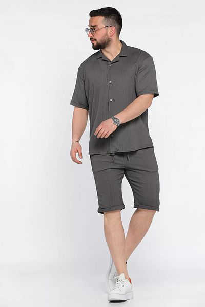 MİSHAR İTALİA Anthracite Men's Apaş Collar Shirt Shorts Double Set