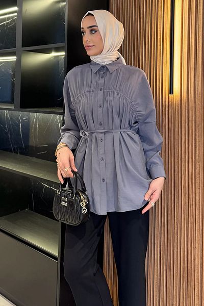 julude Gray Women's Front Gather Detailed Waist Tie Hijab Tunic