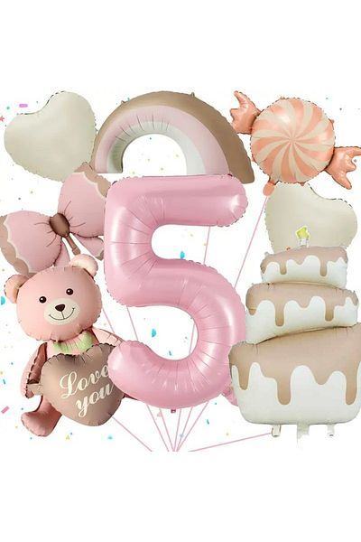 DÜVENCİ TİCARET Retro Cake Candy Bear Heart Rainbow Bow Birthday Age Party Set