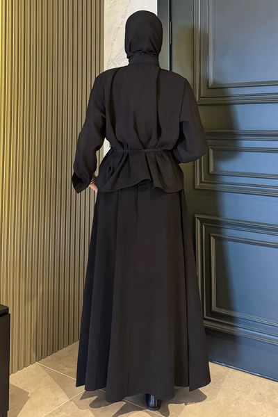 julude Black Women's Drawstring Detailed Waist Tie Tunic Skirt Double Set