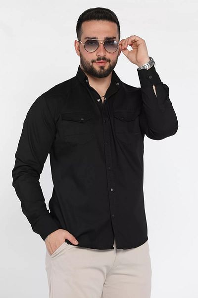 MİSHAR İTALİA Черна мъжка риза с дълъг ръкав, джоб и копчета тип „тик-так“