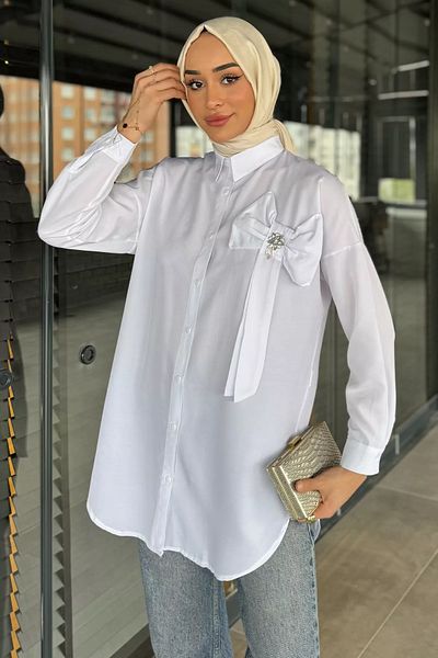 julude White Ribbon Detailed Stone Hijab Tunic