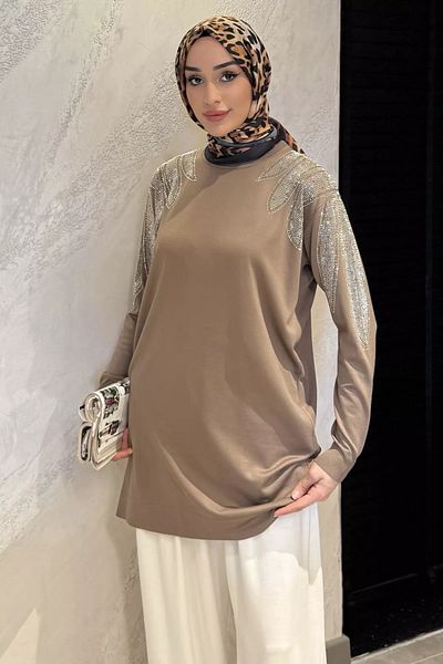 julude تونيك حجاب محبوك بكتف بني فاتح