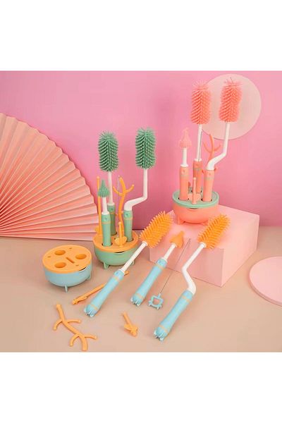 style iconic Silicone Baby Bottle Brush Cleaner Set - 7pcs with Stand, 360° Rotating with Straw & Nipple Brush
