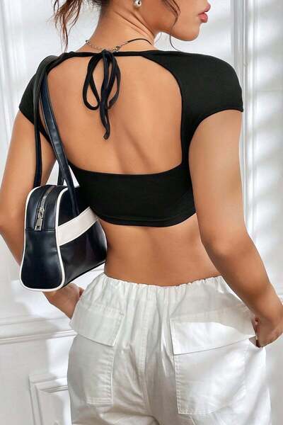 CGDI Women's Black Half Sleeve Crop Top Blouse with Low Cut Back and Halter Neck