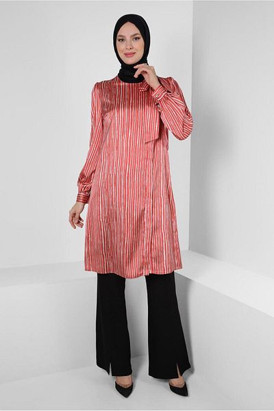 Alvina STRIPED COLLAR BOW DETAIL SATIN TUNIC 43738