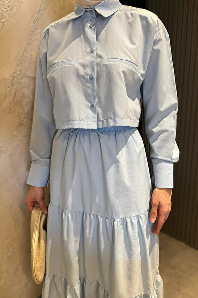 julude Light Blue Women's Elastic Waist Pleated Tiered Hijab Skirt