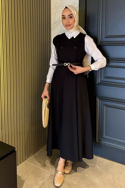 julude Μαύρο φόρεμα με ζώνη Hijab Gilet