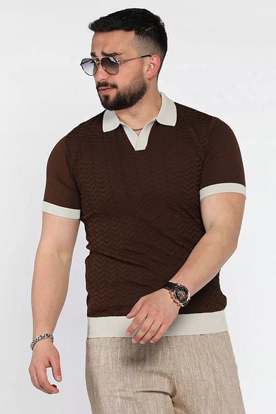 MİSHAR İTALİA Ανδρικό πλεκτό μπλουζάκι καφέ Polo Neck