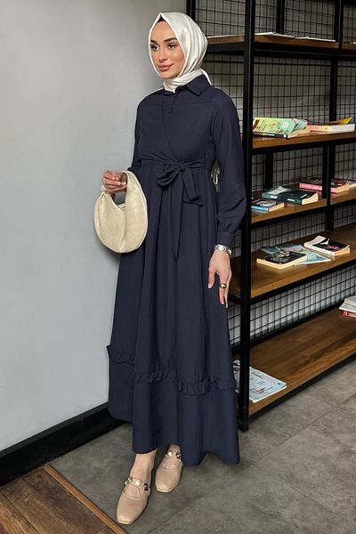 julude Μπλε ναυτικό φόρεμα με μισό κουμπί με πλαϊνό δέσιμο