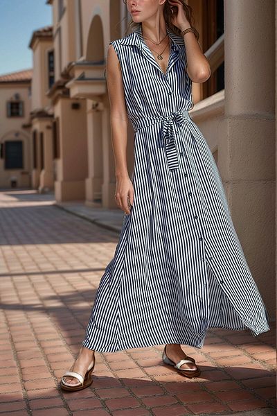 bacc Rochie cămașă lungă fără mâneci, albastru bleumarin, cu centură automată Bcbsk-25700-3143