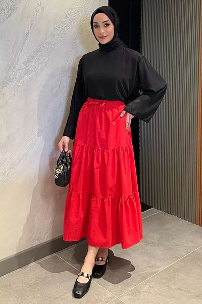 julude Red Women's Elastic Waist Pleated Tiered Hijab Skirt