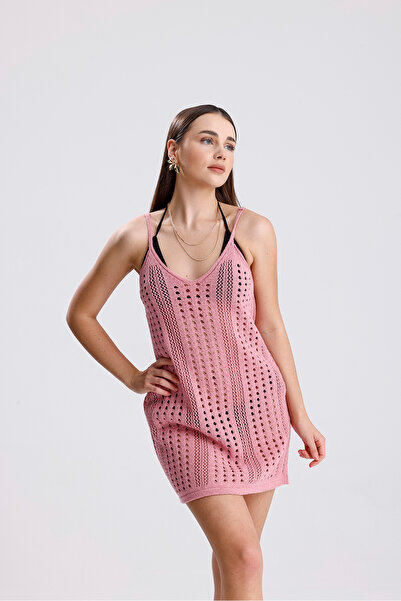 YUGA KNİTTİNG فستان صيفي بنمط مجوف مع أشرطة تريكو، فستان للشاطئ