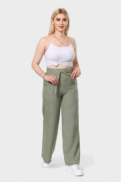 SOSYETE AVM Women's Khaki Belted Elastic Waist Palazzo Linen Trousers