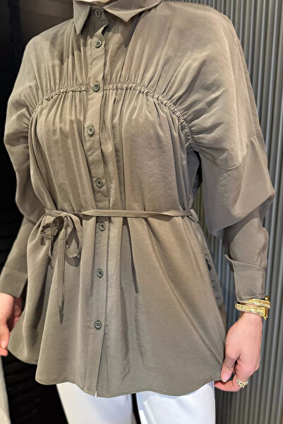 julude Khaki Women's Front Gather Detailed Waist Tie Hijab Tunic