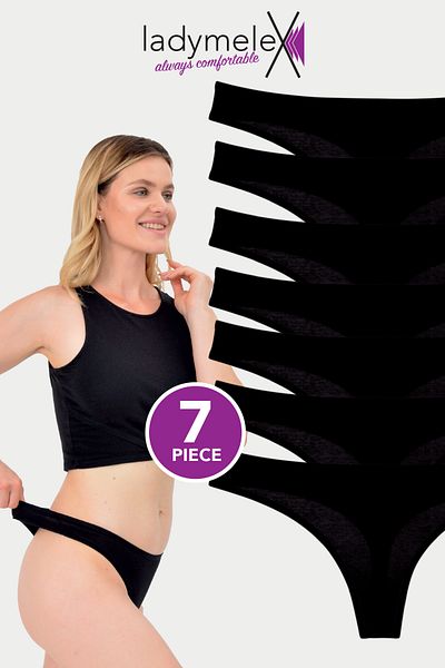 LadyMelex Women's Thong, 7 Pack String, Black Color, Soft Fabric