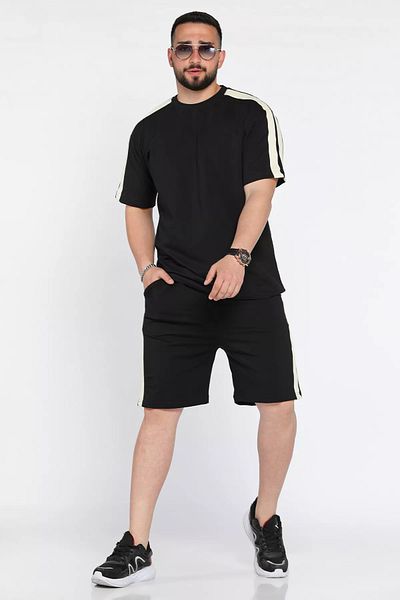 MİSHAR İTALİA Black Men's Straw Striped Oversize T-Shirt Shorts Set of Two