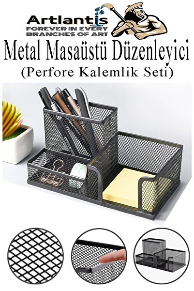 Artlantis Masaüstü Metal Kalemlik Seti 3 lü Kombo 1 Paket Fileli Perfore Siyah Kalemlik Ataşlık Kağıtlık Küpno