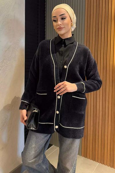 julude Black Women's Double Pocket Front Buttoned Bearded Hijab Cardigan
