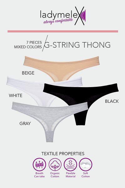 LadyMelex Tanga de damă, pachet de 7, piele neagră, albă, gri, țesătură moale