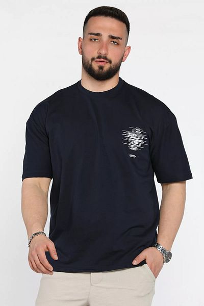 MİSHAR İTALİA Ανδρικό μπλουζάκι Navy Blue Oversize με στάμπα Crew Neck