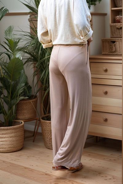 bacc Women's Beige Elastic Waist Pocket Wide Leg Soft Textured Trousers Bcbsk-25700-3169