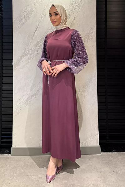 julude Μωβ μανίκια με κορδόνια στη μέση Hijab σατέν βραδινό φόρεμα