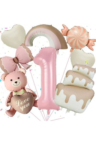 DÜVENCİ TİCARET Retro Cake Candy Bear Heart Rainbow Bow Birthday Age Party Set