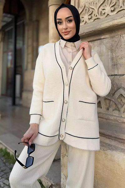julude Cardigan hijab cu barbă, cu buzunar dublu, cu nasturi în față, crem