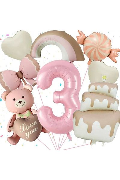 DÜVENCİ TİCARET Retro Cake Candy Bear Heart Rainbow Bow Birthday Age Party Set