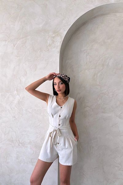 bacc Women's White Belted Pleated Buttoned Shorts Jumpsuit Bchn- 25255055