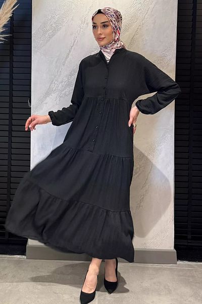julude Φόρεμα Hijab με μαύρο κουμπί με λεπτομέρεια βολάν