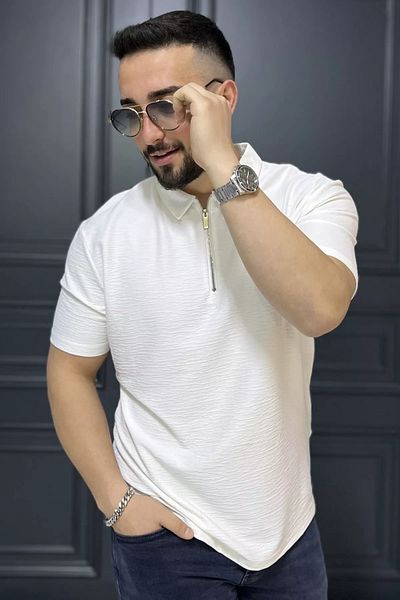 MİSHAR İTALİA Κρεμ ανδρικό μπλουζάκι με μισό φερμουάρ με λαιμόκοψη