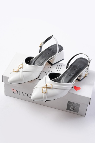 DİVOLYA Gabriel White Patent Leather Cross Buckle (4 cm τακούνι) Παπούτσια μπαλαρίνας με μυτερή μύτη