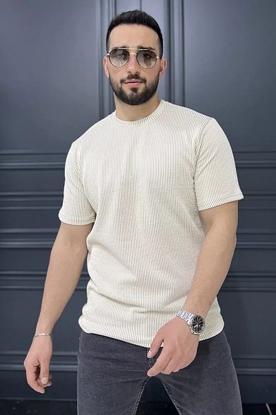 MİSHAR İTALİA Ανδρικό μπλουζάκι με ριγέ μπεζ κρεμ λαιμόκοψη