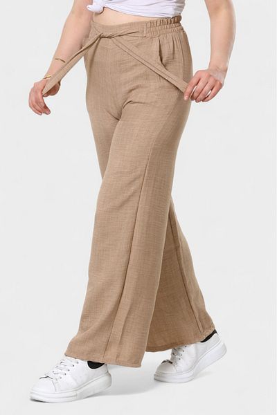 SOSYETE AVM Women's Light Brown Belted Elastic Waist Palazzo Linen Trousers