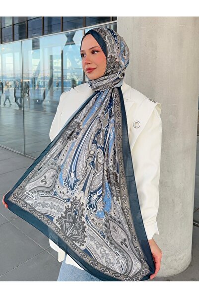 MODA Șal din bumbac etnic cu model retro. Albastru închis