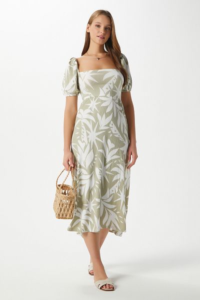 Ritnice Γυναικείο Lisa Green Cream Midi φόρεμα με λεπτομέρεια στην πλάτη