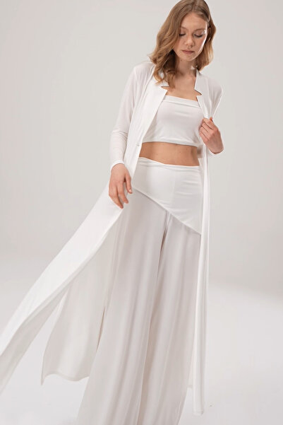 By Yaren Yazıcı Ecru Collar Design Detailed Slit Single Button Accessory Cardigan Jacket