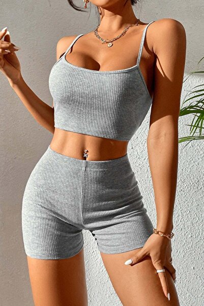CGDI Kadın Gri Melanj Şortlu Kaşkorse Gecelik Takım
