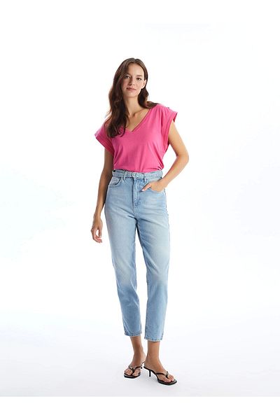LC Waikiki LCW Jeans Indigo με ζώνη μέσης Mom Fit γυναικείο τζιν παντελόνι
